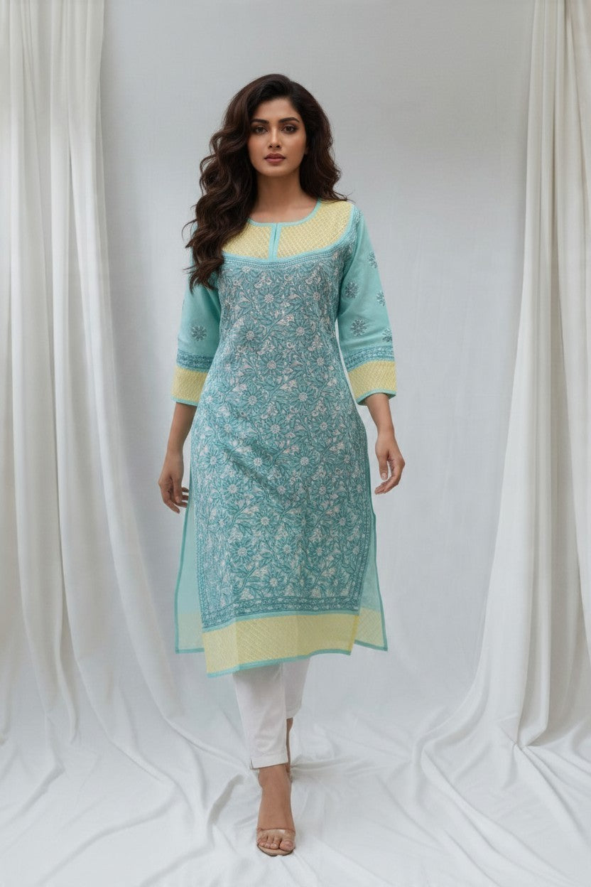 Asma Cotton Chikankari Hand Embroidered Kurti for Women | Premium  | 48 Inch approx Length | Lucknowi Chikan Kurta
