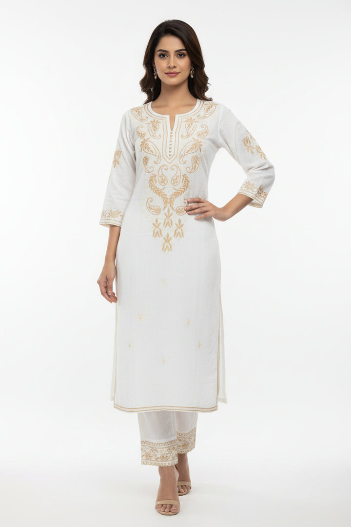 Pure Cotton Linen Lucknowi Chikankari Long Kurti | 100% Hand Embroidered | Non-Transparent | No Shrinkage
