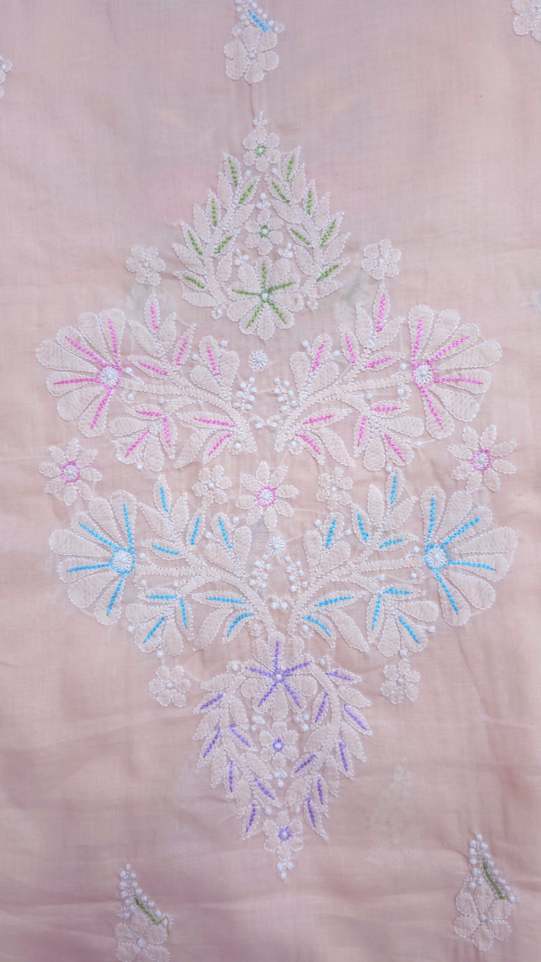 Cotton Resham Neckline chikankari dress material- Peach