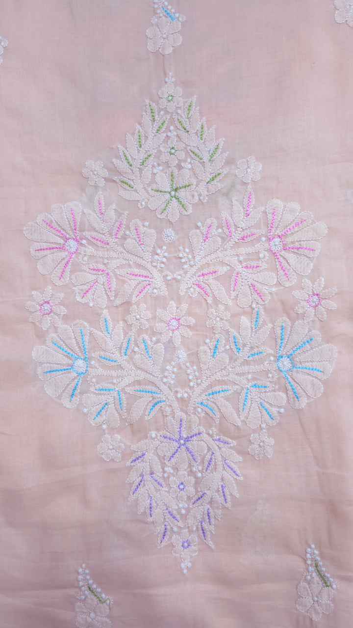 Cotton Resham Neckline chikankari dress material- Peach