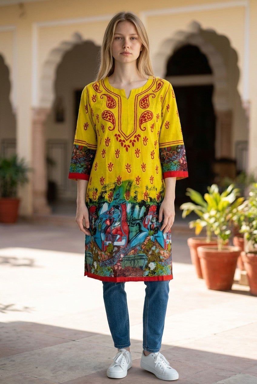 Pure Cotton Lucknowi Chikankari 40" Long Kurti | 100% Hand Embroidered | Non-Transparent | No Shrinkage
