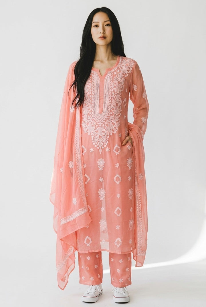 "Paridhan Chikan Georgette Lucknowi Chikankari Unstitched Suit Set – Hand Embroidered Kurta, Bottom & Dupatta for Women"