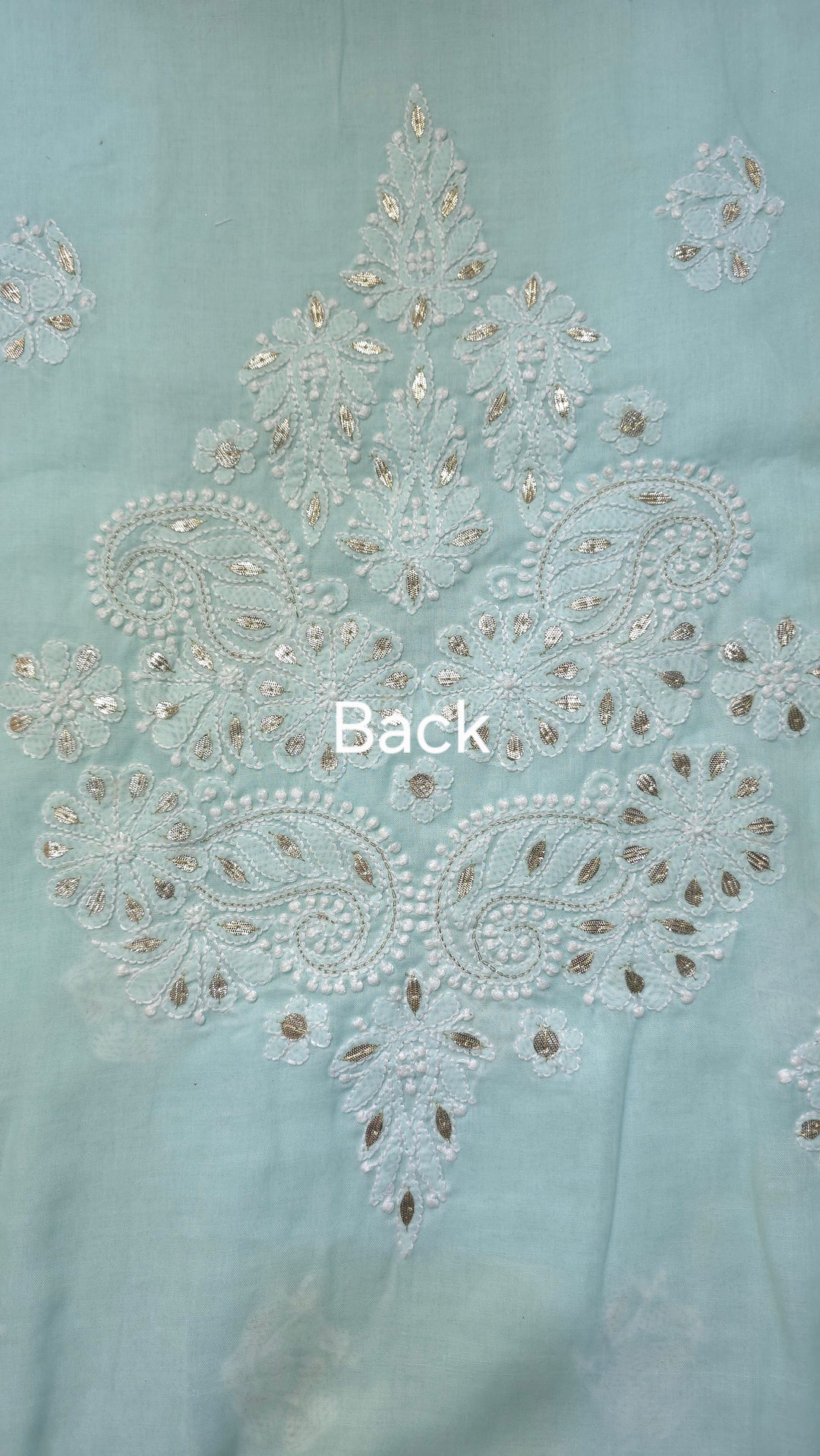 Sea Green Unstitched Soft Cotton Chikankari Suit Set – Aari, Kasab & Patti Embellished Gotta with Pure Chiffon Dupatta