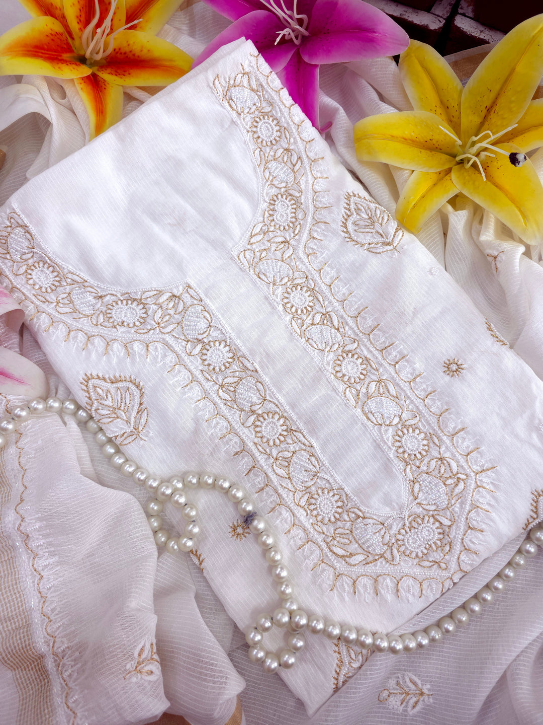 Pure Maheshwari Dyeable Chikankari Kurta Dupatta Set | Hand Embroidered 2 Taar Kurta with Kasab, Pearl & Cutdaana Work