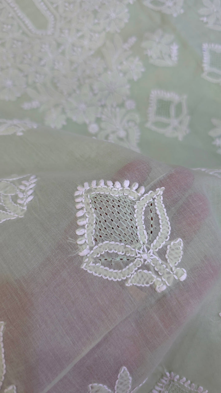 Handmade Jaali Chikankari Cotton Dress Material with Chiffon Dupatta | Authentic Lucknow Hand Embroidery | Unstitched Suit Set