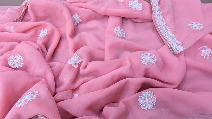 Embellished with Gota Patti | Hand Chikankari Faux Georgette Saree | Lucknowi Embroidery | Designer Festive Wear by Paridhan Chikan