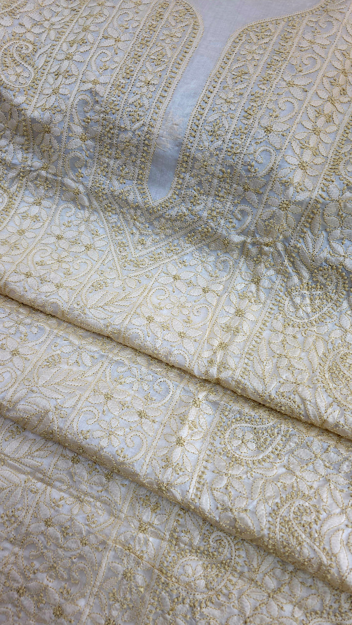 Pure Paper Silk Chikankari Fabric | Full Jaal Hand Embroidery Kurta Fabric for Women
