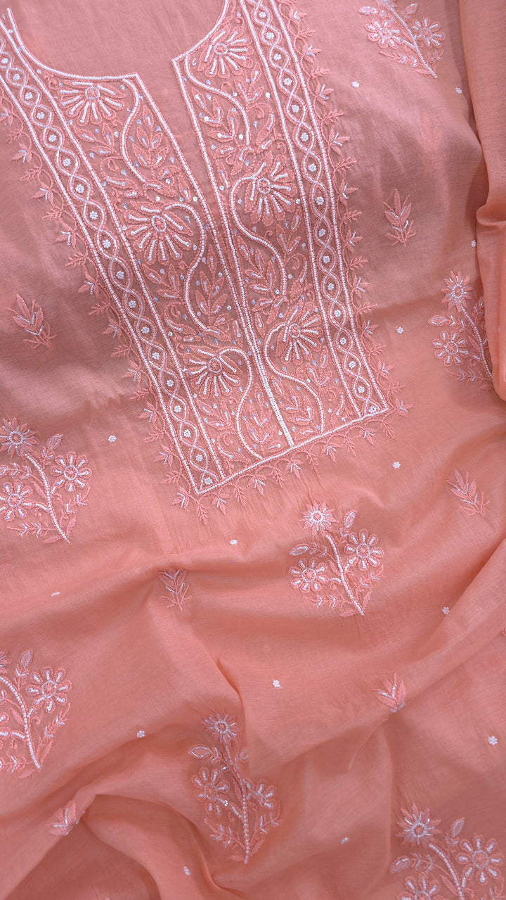 Premium Mul Chanderi Supersoft Dyeable Chikankari Dress Material | Hand Embroidered with Pearls & Cutdaana | Kurta & Dupatta Set