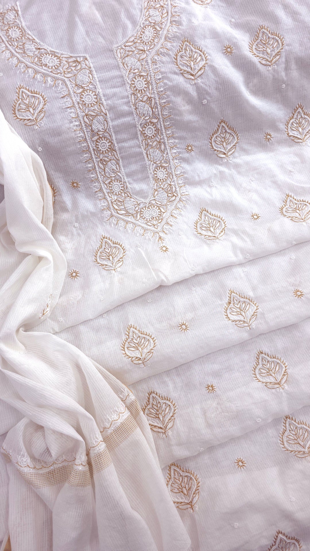 Pure Maheshwari Dyeable Chikankari Kurta Dupatta Set | Hand Embroidered 2 Taar Kurta with Kasab, Pearl & Cutdaana Work