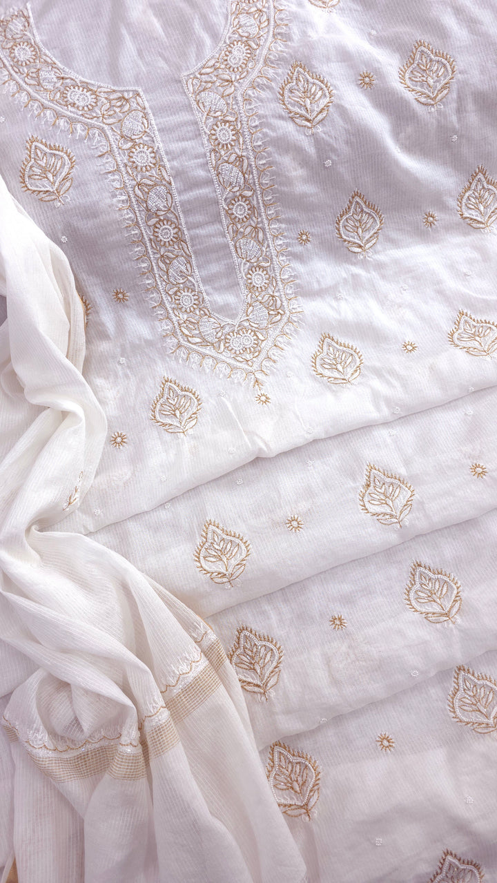 Pure Maheshwari Dyeable Chikankari Kurta Dupatta Set | Hand Embroidered 2 Taar Kurta with Kasab, Pearl & Cutdaana Work