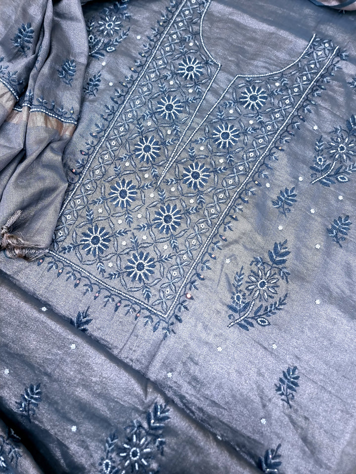 Soft Tissue Chikankari Unstitched Dress Material | 3 Taar Hand Embroidery with Pearl & Cutdana Work + Golden Border Dupatta