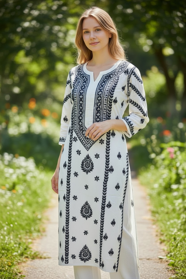 Modal Chikankari Hand Embroidered Kurti for Women | Premium Soft & Non-Transparent Fabric | 46 Inch Length | Lucknowi Chikan Kurta