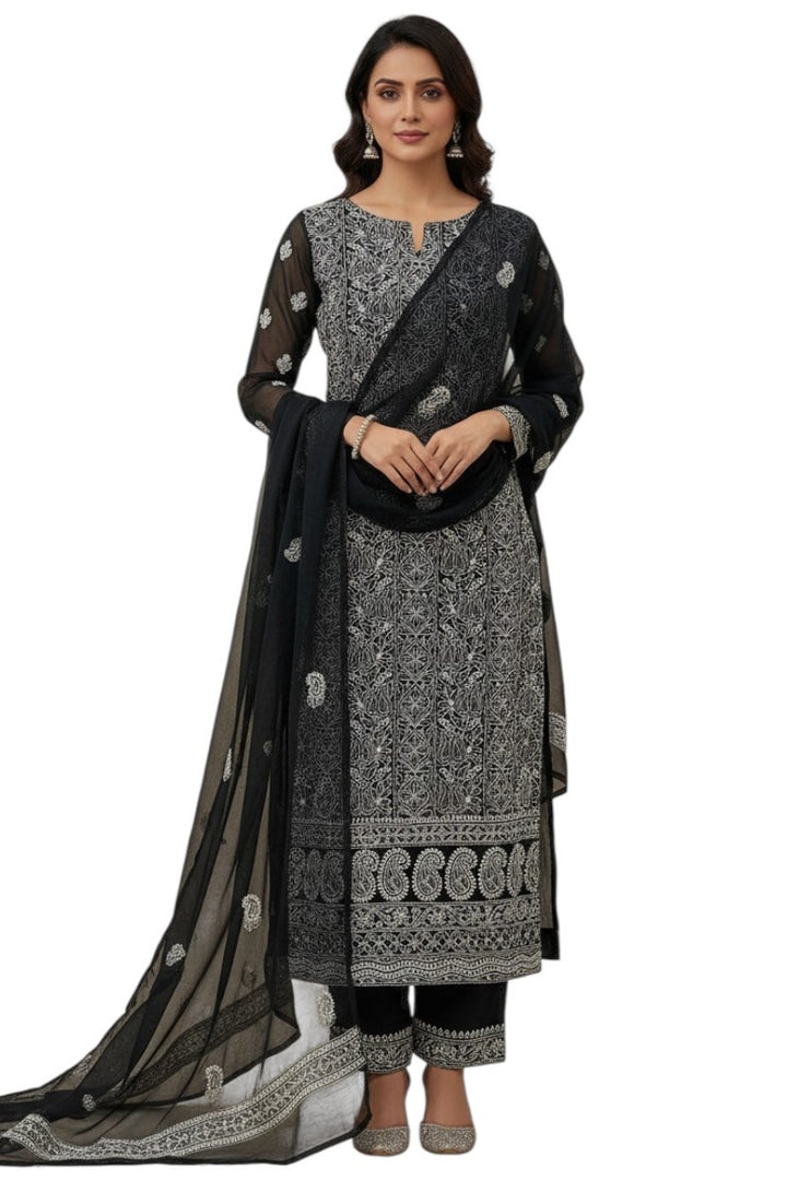 Unstitched Georgette Chikankari Dress Material | Hand Embroidered Kurta, Bottom & Dupatta