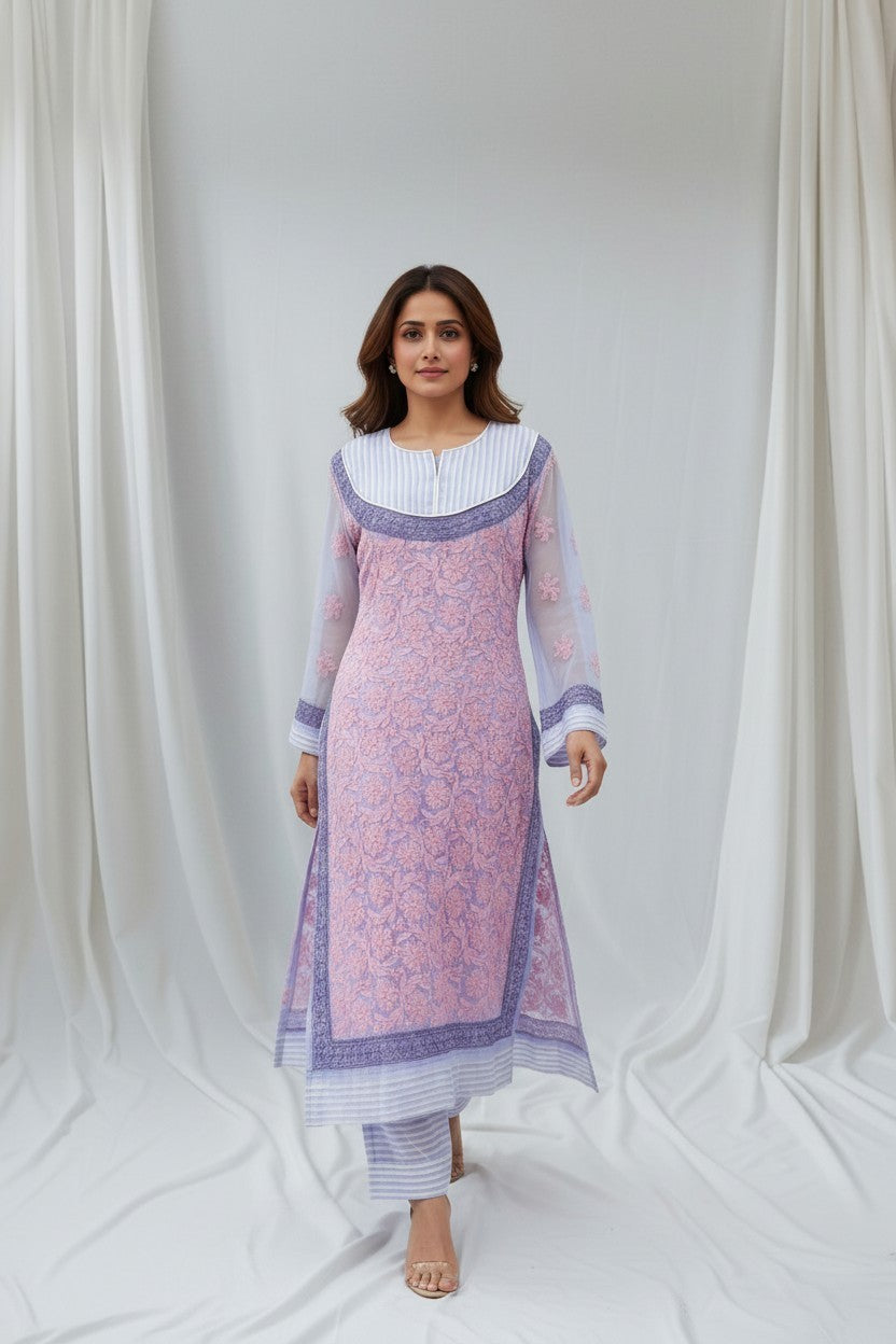 Women’s Georgette Chikankari Kurti – Designer Hand Embroidered Lucknowi Craft by Paridhan Chikan