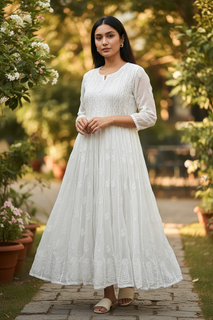 Georgette Lucknowi Chikankari 50" Long Anarkali Kurti | 100% Hand Embroidered| No Shrinkage