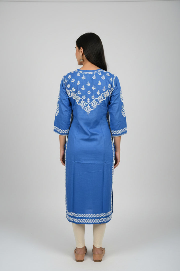Pure Cotton Linen Lucknowi Chikankari Long Kurti | 100% Hand Embroidered | Non-Transparent | No Shrinkage