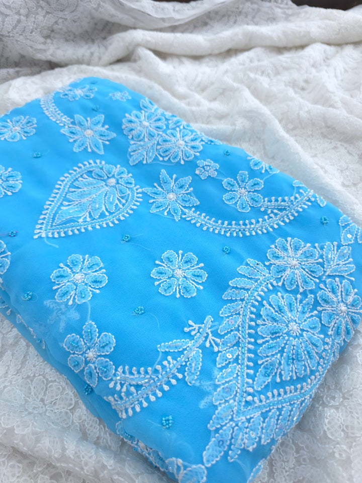 Pearl Chikankari Saree on Faux Georgette with Matching Blouse | Hand Embroidered Lucknowi Saree | Paridhan Chikan Heritage Collection