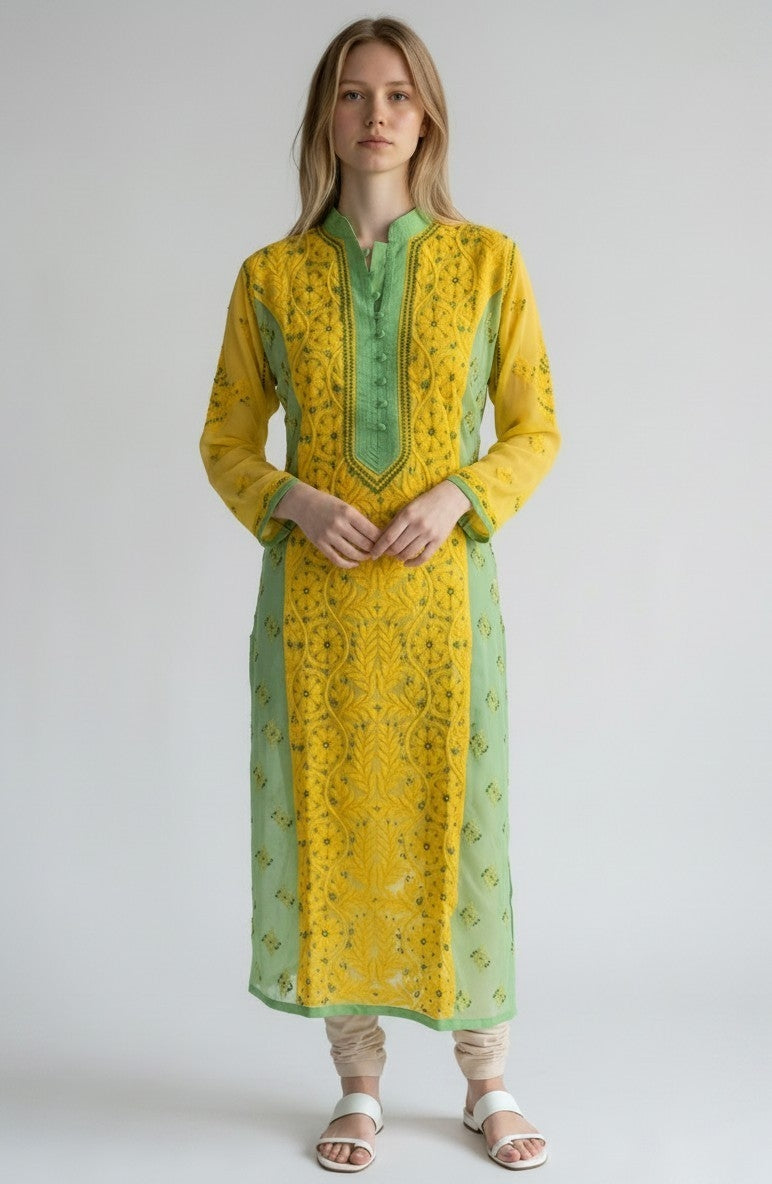 Dual Shade Georgette Lucknowi Chikankari Kurti – Hand Embroidered 48" approx long with Shadow & Murri Work, Exclusive Design