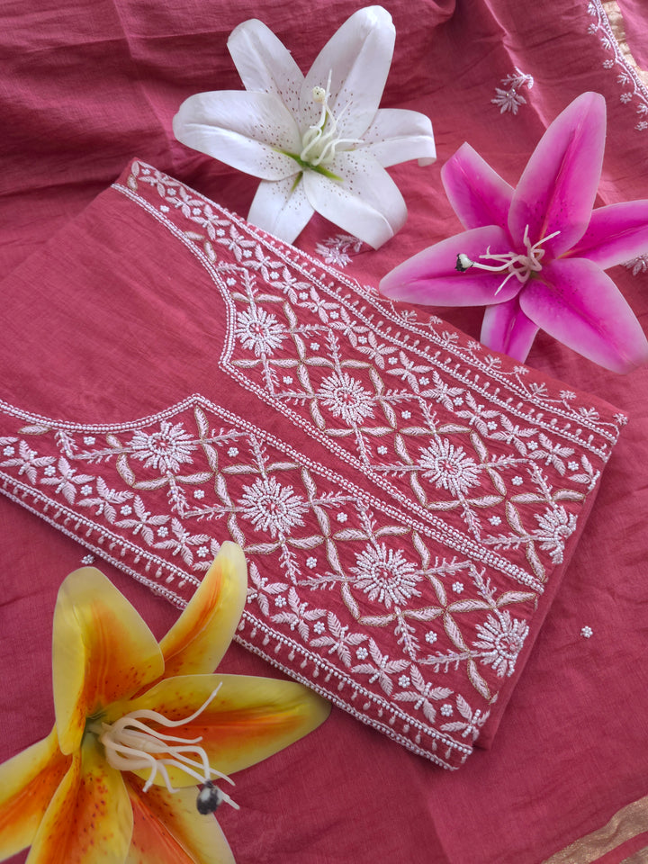 Premium Mul Chanderi Pearl, Cutdana & Kasab Hand Embroidered Unstitched Suit Set