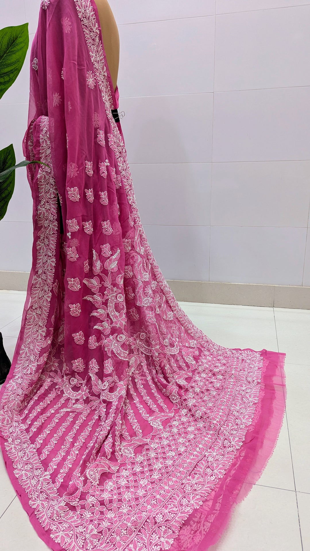 Faux Georgette Hand Chikankari Saree with Exclusive Border & designer Palla Design | Embroidered Blouse Included | Authentic Lucknow Handicraft by Paridhan Chikan