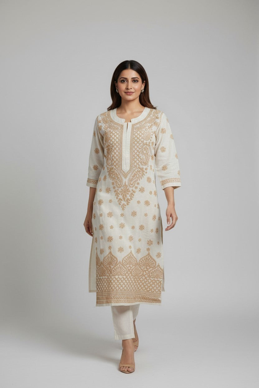 Pure Cotton Linen Lucknowi Chikankari Long Kurti | 100% Hand Embroidered | Non-Transparent | No Shrinkage