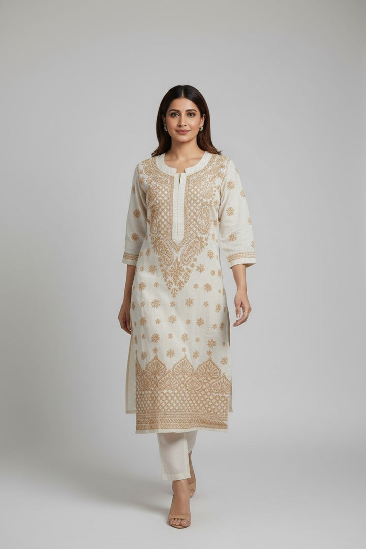 Pure Cotton Linen Lucknowi Chikankari Long Kurti | 100% Hand Embroidered | Non-Transparent | No Shrinkage