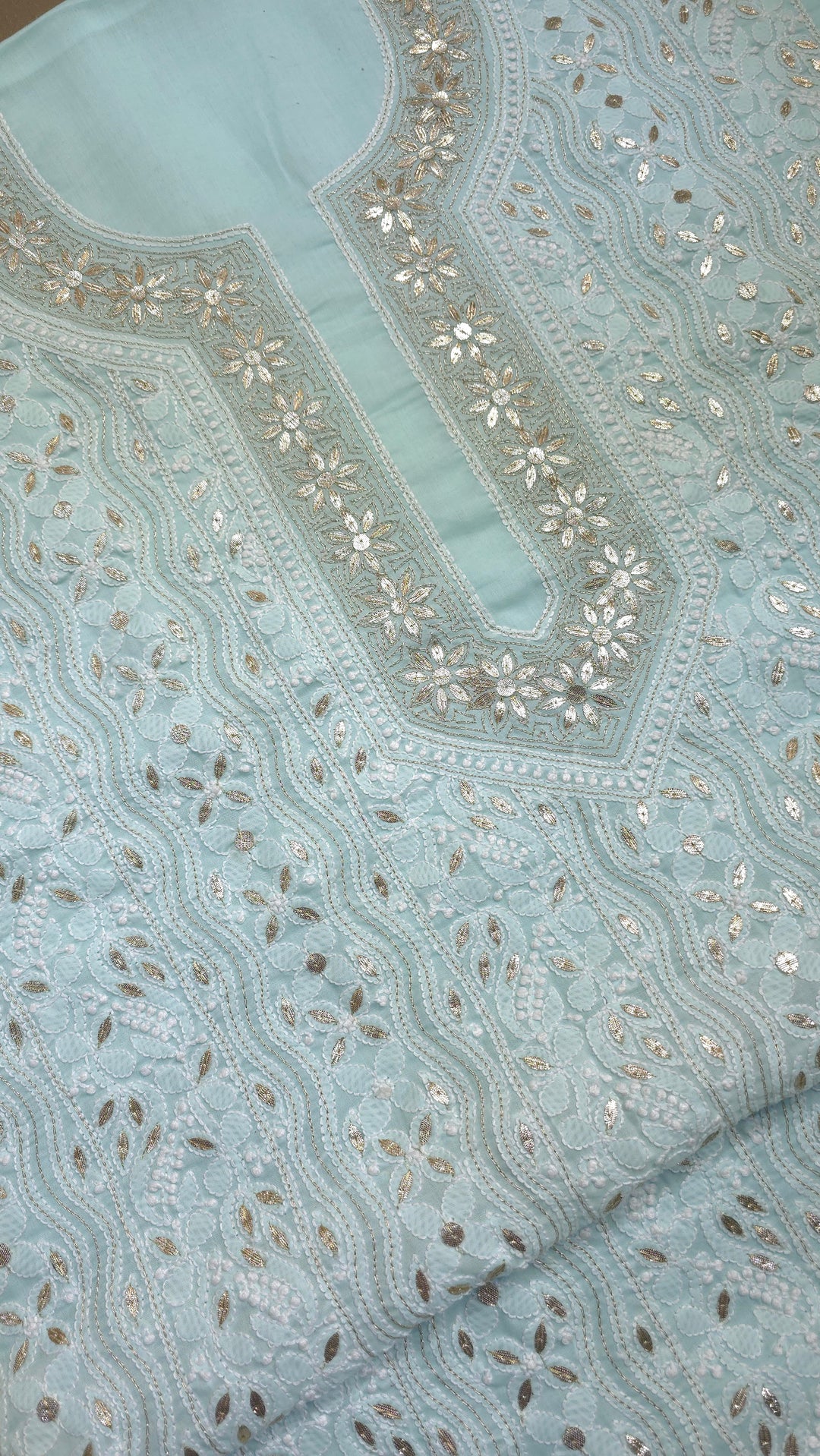 Sea Green Unstitched Soft Cotton Chikankari Suit Set – Aari, Kasab & Patti Embellished Gotta with Pure Chiffon Dupatta