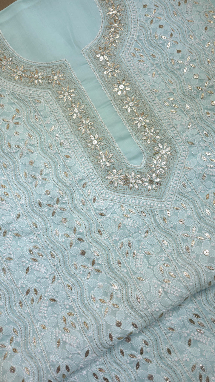 Sea Green Unstitched Soft Cotton Chikankari Suit Set – Aari, Kasab & Patti Embellished Gotta with Pure Chiffon Dupatta