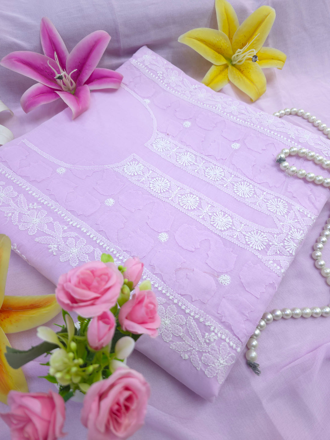 Darz Lucknowi Chikankari Dress Material – Handmade Cotton Suit with Chiffon Dupatta