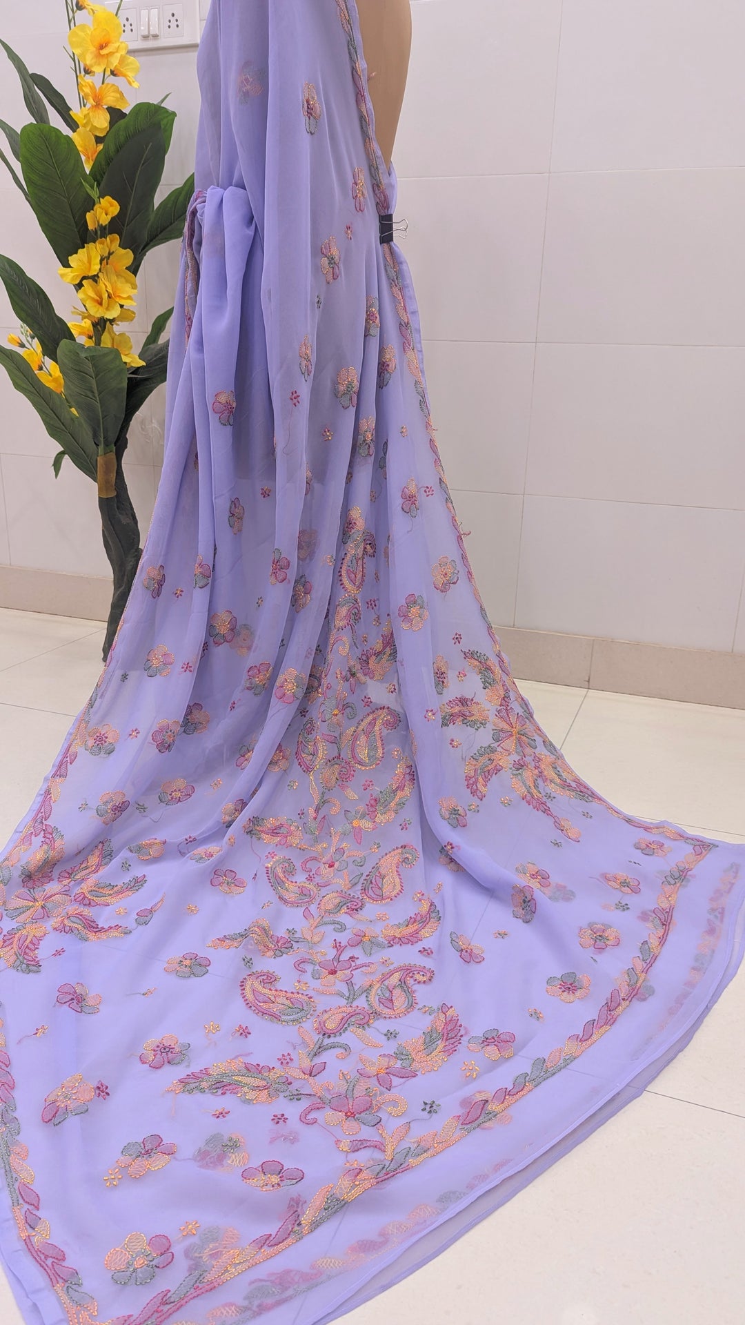 Faux Georgette Hand Chikankari Saree with Exclusive Border & Palla Design | Embroidered Blouse Included | Authentic Lucknow Handicraft by Paridhan Chikan