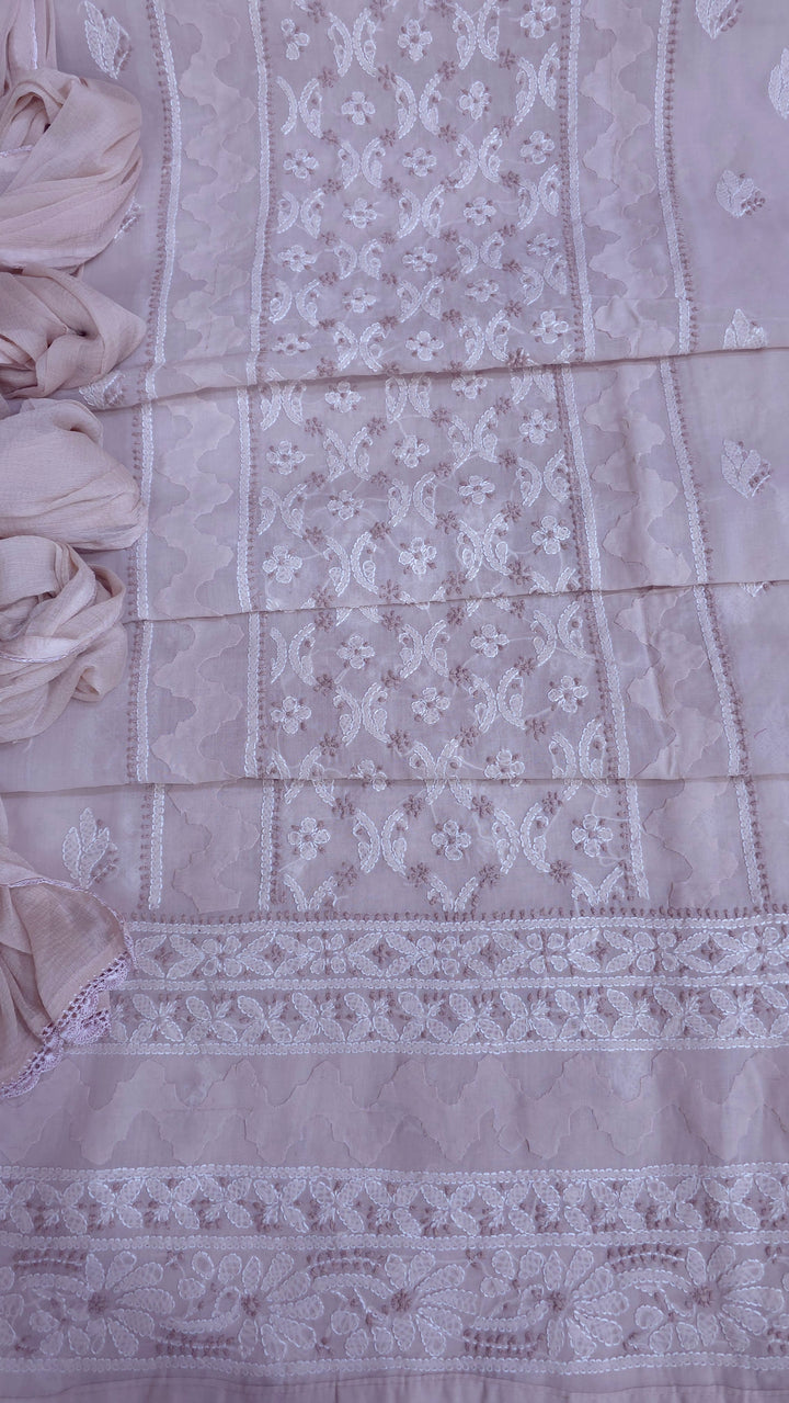Darz Lucknowi Chikankari  Dress Material – Handmade Cotton Suit with Chiffon Dupatta