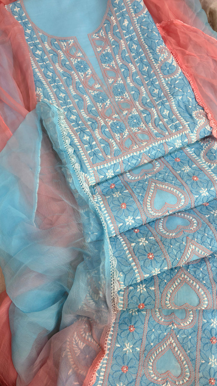 Lucknow Chikankari Hand Embroidered Cotton Dress Material with Tri-Color Motifs & Pure Chiffon Dupatta