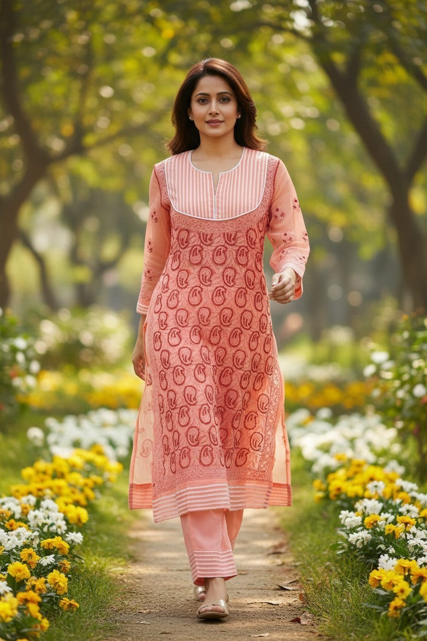 Women’s Georgette Chikankari Kurti – Designer Hand Embroidered Lucknowi Craft by Paridhan Chikan