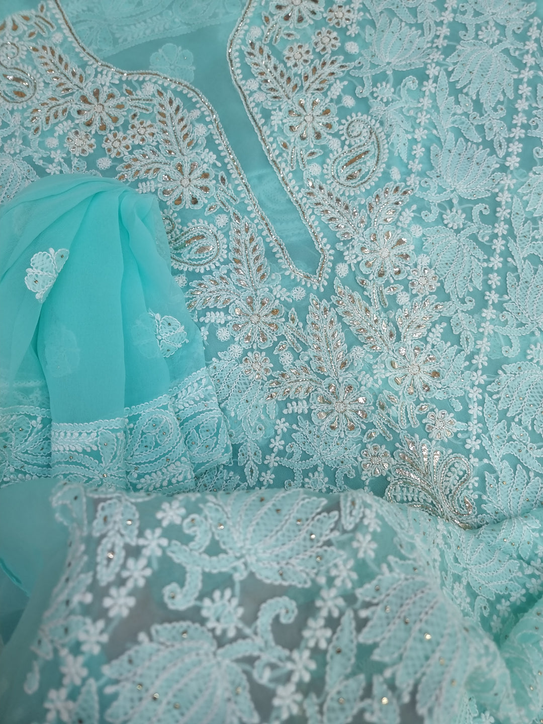 Mukesh Kaamdani Georgette Chikankari Hand Embroidery Dress Material - Sea Green