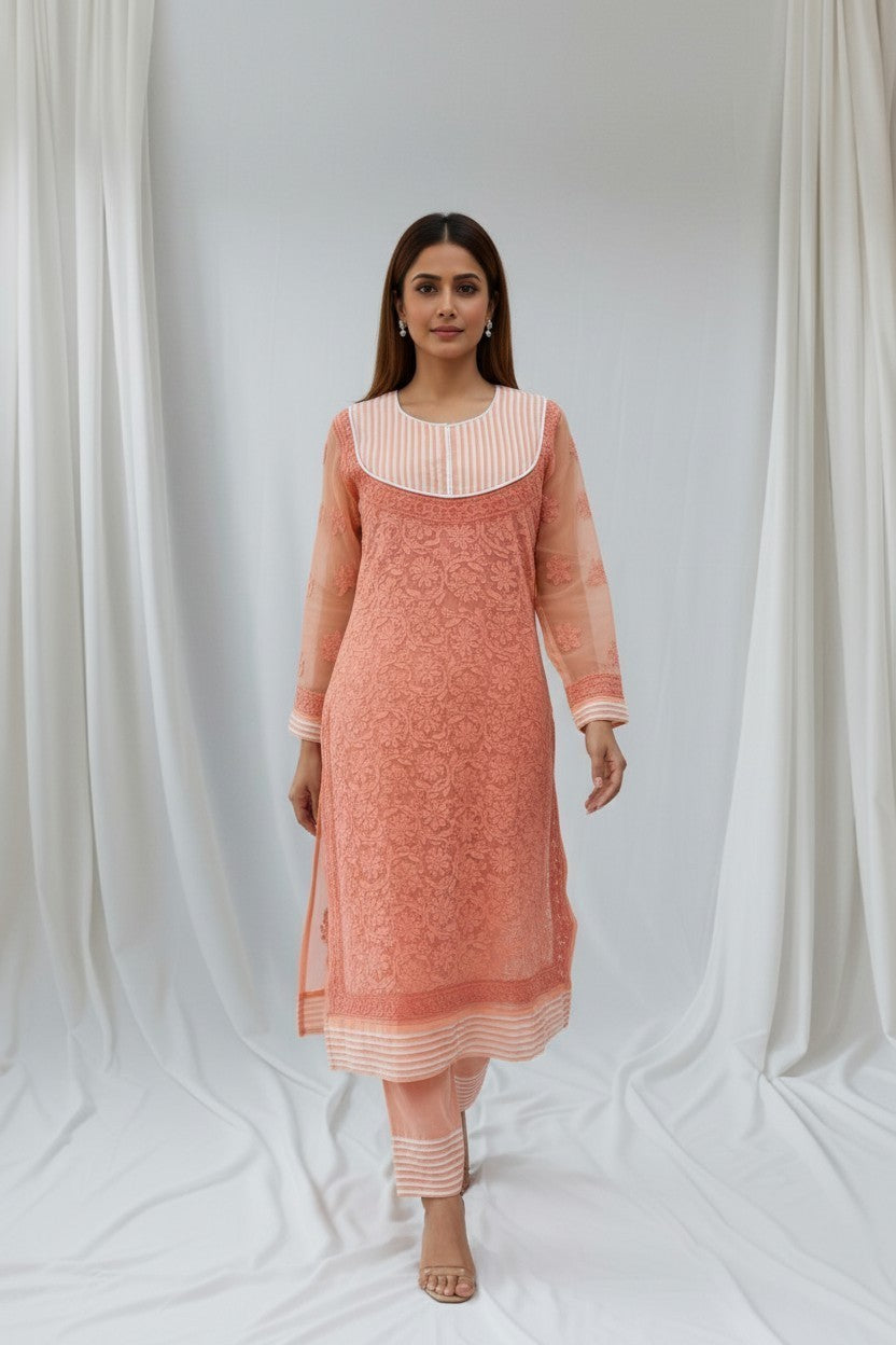 Women’s Georgette Chikankari Kurti – Designer Hand Embroidered Lucknowi Craft by Paridhan Chikan
