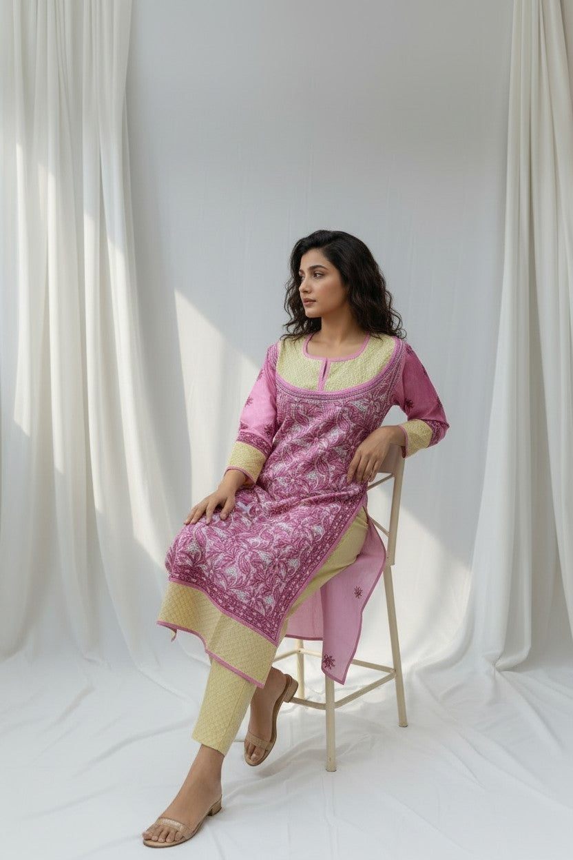 Asma Cotton Chikankari Hand Embroidered Kurti for Women | Premium  | 48 Inch approx Length | Lucknowi Chikan Kurta
