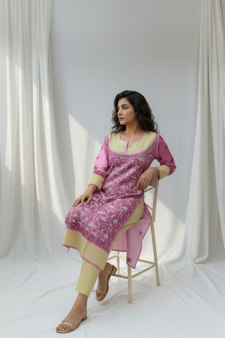 Asma Cotton Chikankari Hand Embroidered Kurti for Women | Premium  | 48 Inch approx Length | Lucknowi Chikan Kurta