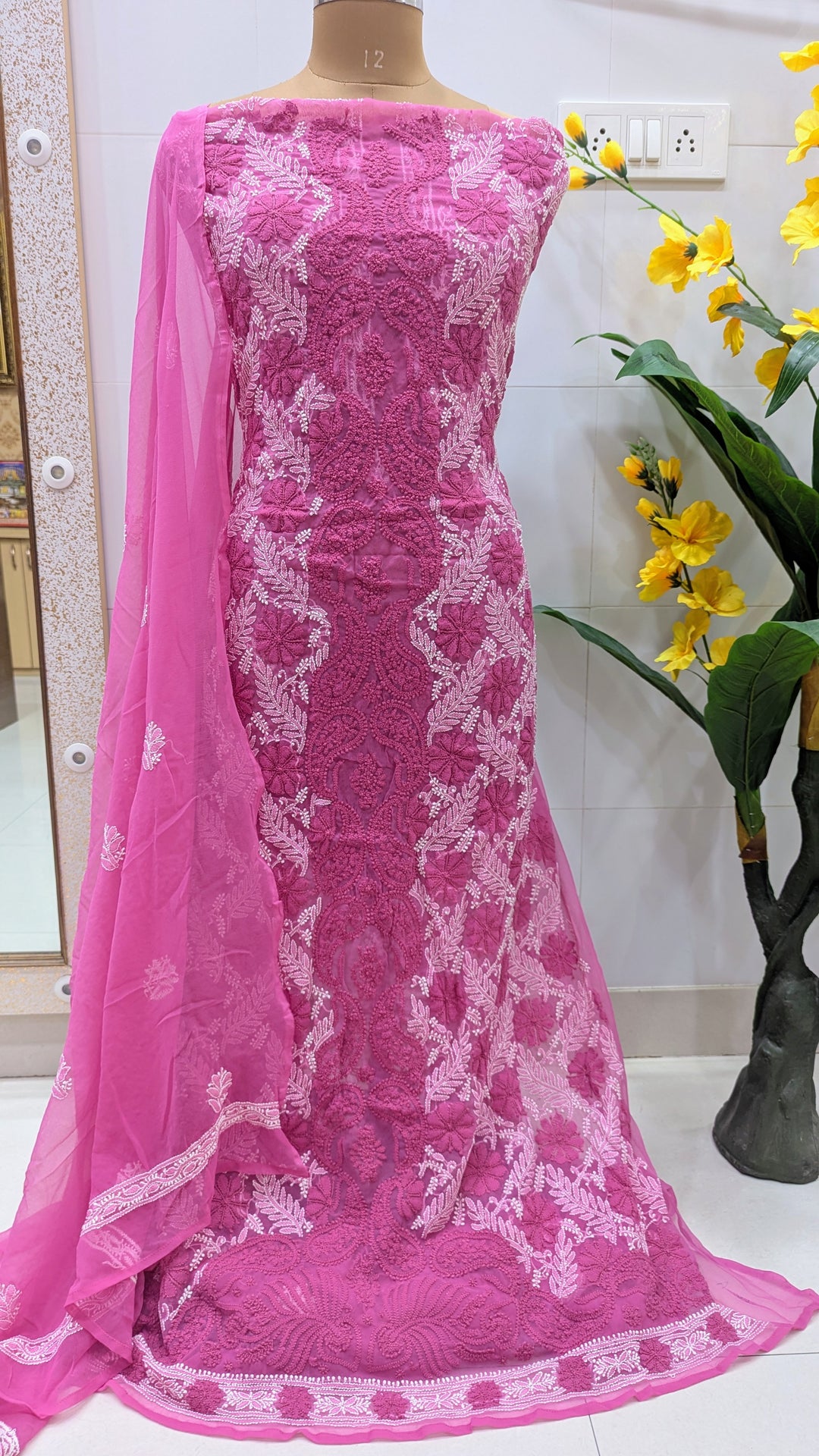 Unstitched Georgette Chikankari Dress Material | Hand Embroidered Kurta, Bottom & Dupatta
