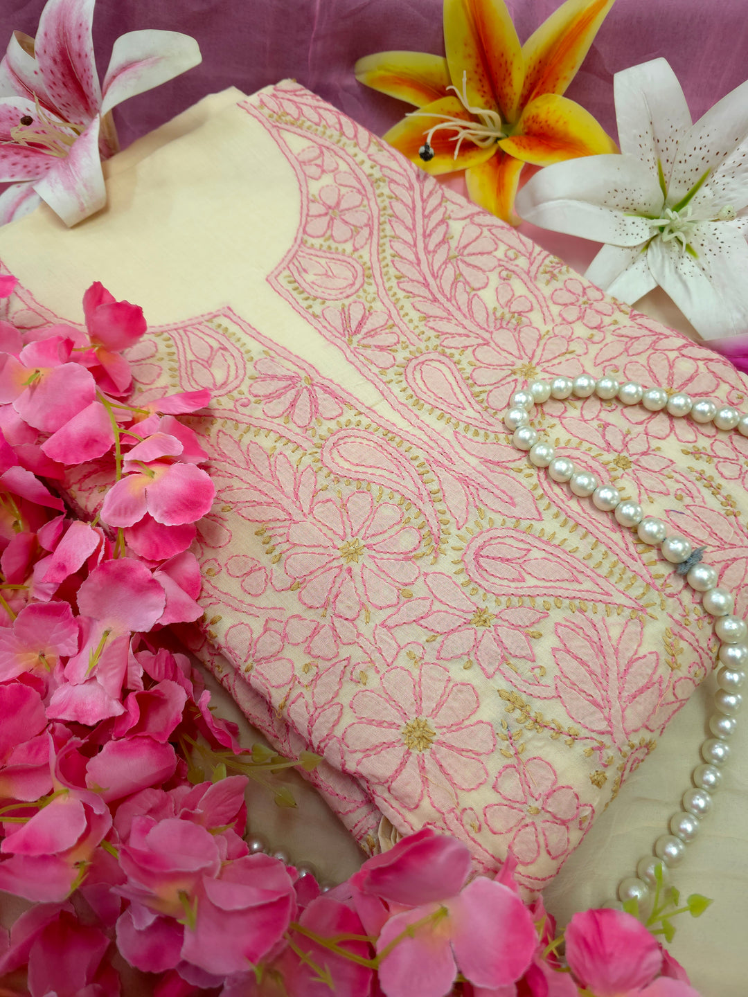 Lucknow Chikankari Hand Embroidered Cotton Dress Material with Tri-Color Motifs & Pure Chiffon Dupatta