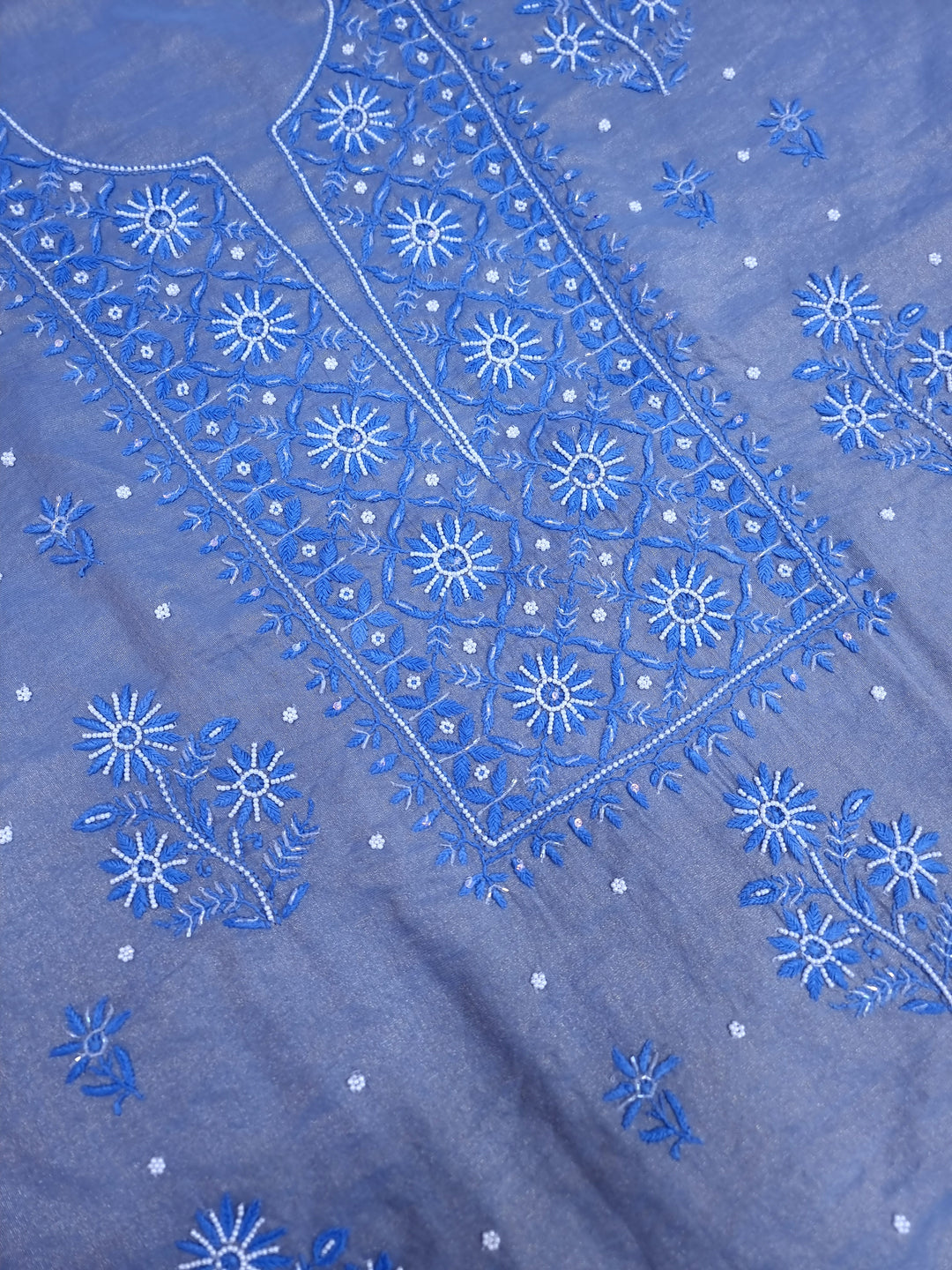 Soft Tissue Chikankari Unstitched Dress Material | 3 Taar Hand Embroidery with Pearl & Cutdana Work + Golden Border Dupatta