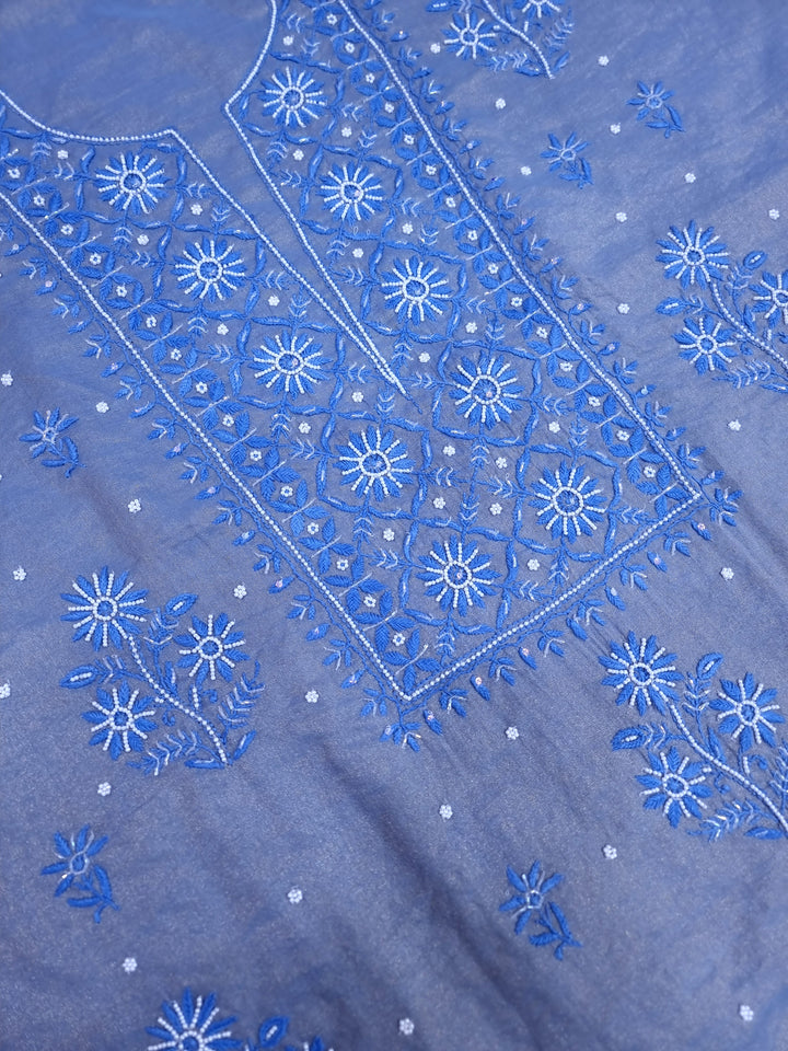 Soft Tissue Chikankari Unstitched Dress Material | 3 Taar Hand Embroidery with Pearl & Cutdana Work + Golden Border Dupatta