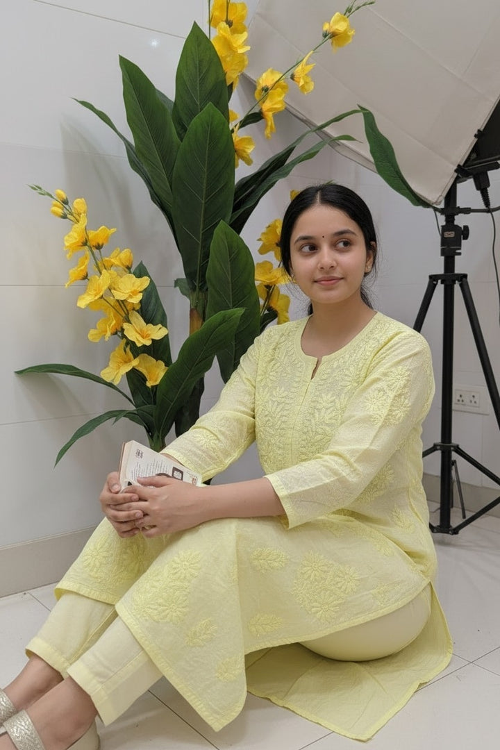 Premium Soft Chanderi Lucknowi Chikankari Long Kurti – 100% Hand Embroidered, Non-Transparent