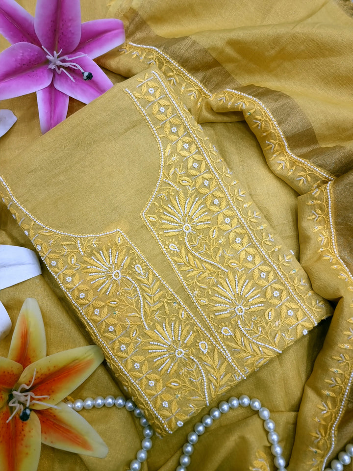 Soft Tissue Chikankari Unstitched Dress Material | 3 Taar Hand Embroidery with Pearl & Cutdana Work + Golden Border Dupatta