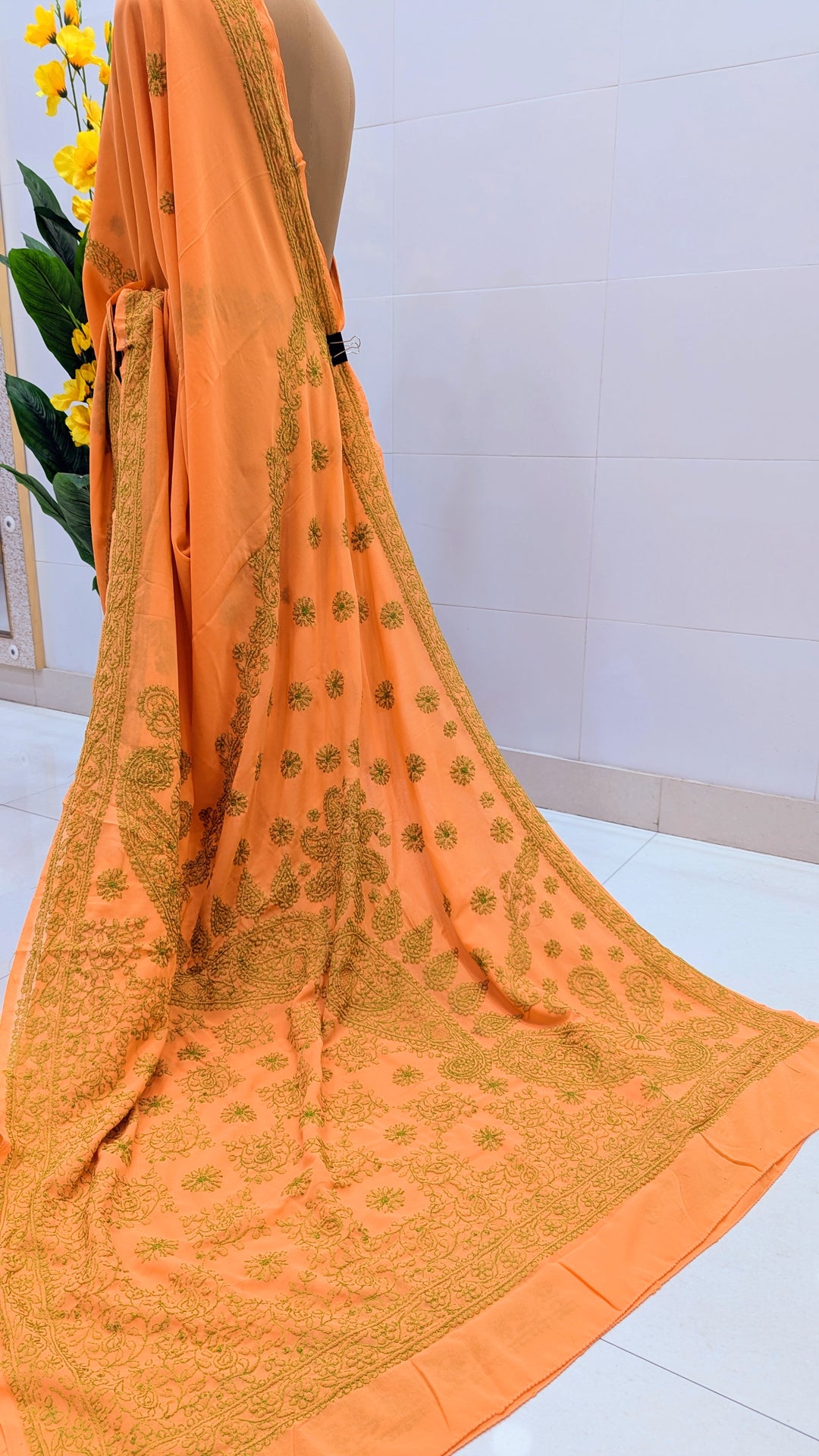 Faux Georgette Hand Chikankari Saree with Exclusive Border & designer Palla Design | Embroidered Blouse Included | Authentic Lucknow Handicraft by Paridhan Chikan