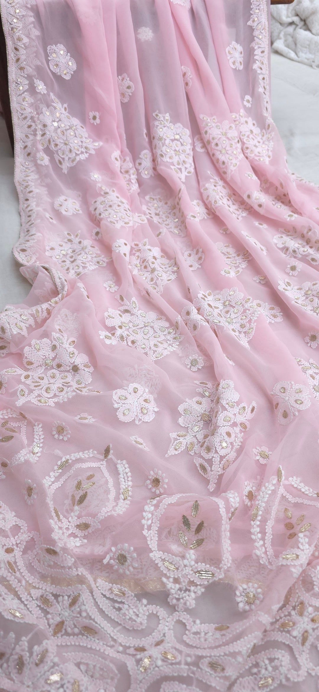Embellished with Gota Patti | Hand Chikankari Faux Georgette Saree | Lucknowi Embroidery | Designer Festive Wear by Paridhan Chikan