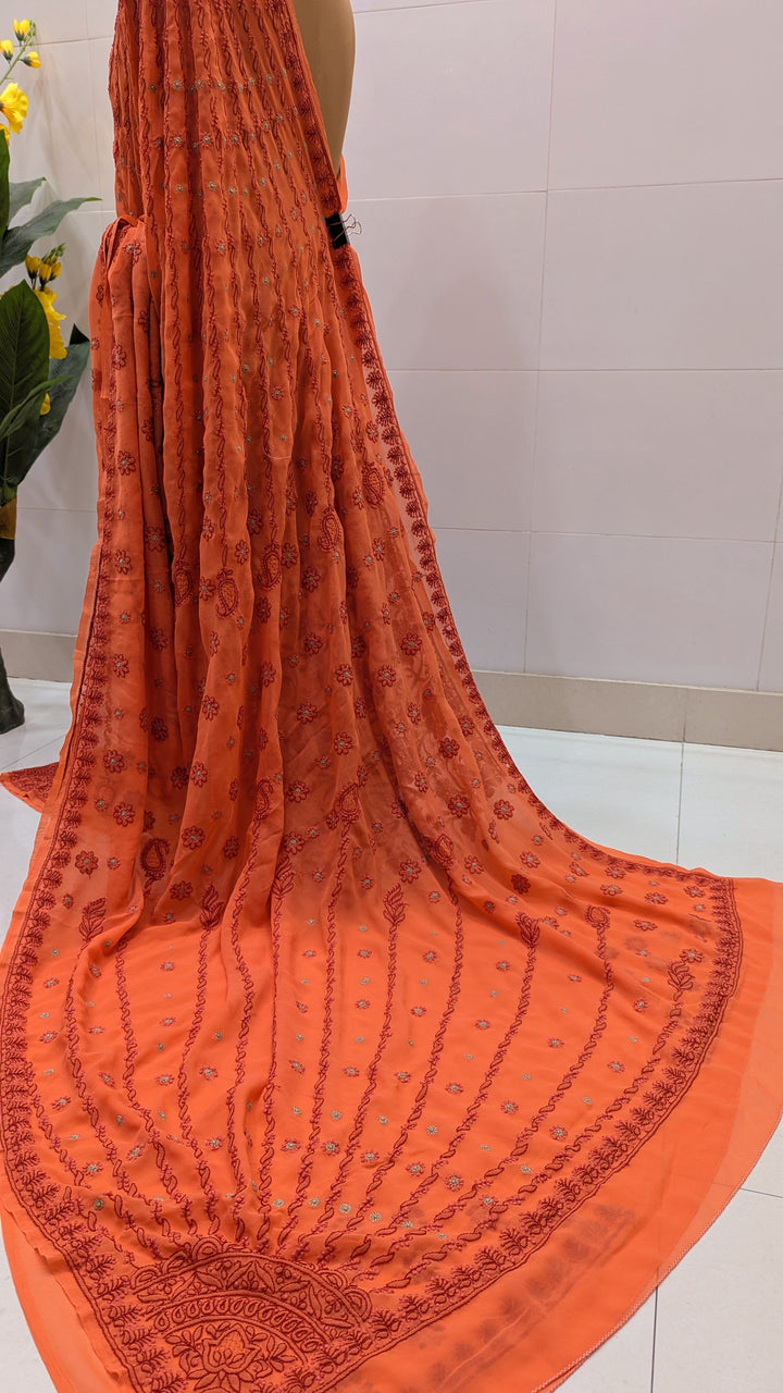 Faux Georgette Hand Chikankari Saree with Exclusive Border & designer Palla Design | Embroidered Blouse Included | Authentic Lucknow Handicraft by Paridhan Chikan