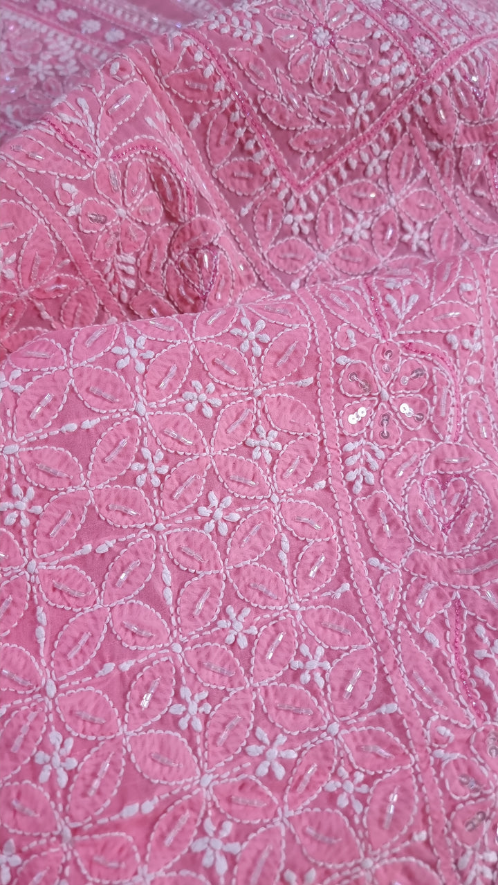 Unstitched Cotton Hand Embroidered Chikankari Dress Material with Cutdana, Resham & Badla Work | Pure Chiffon Dupatta | Lucknowi Artistry