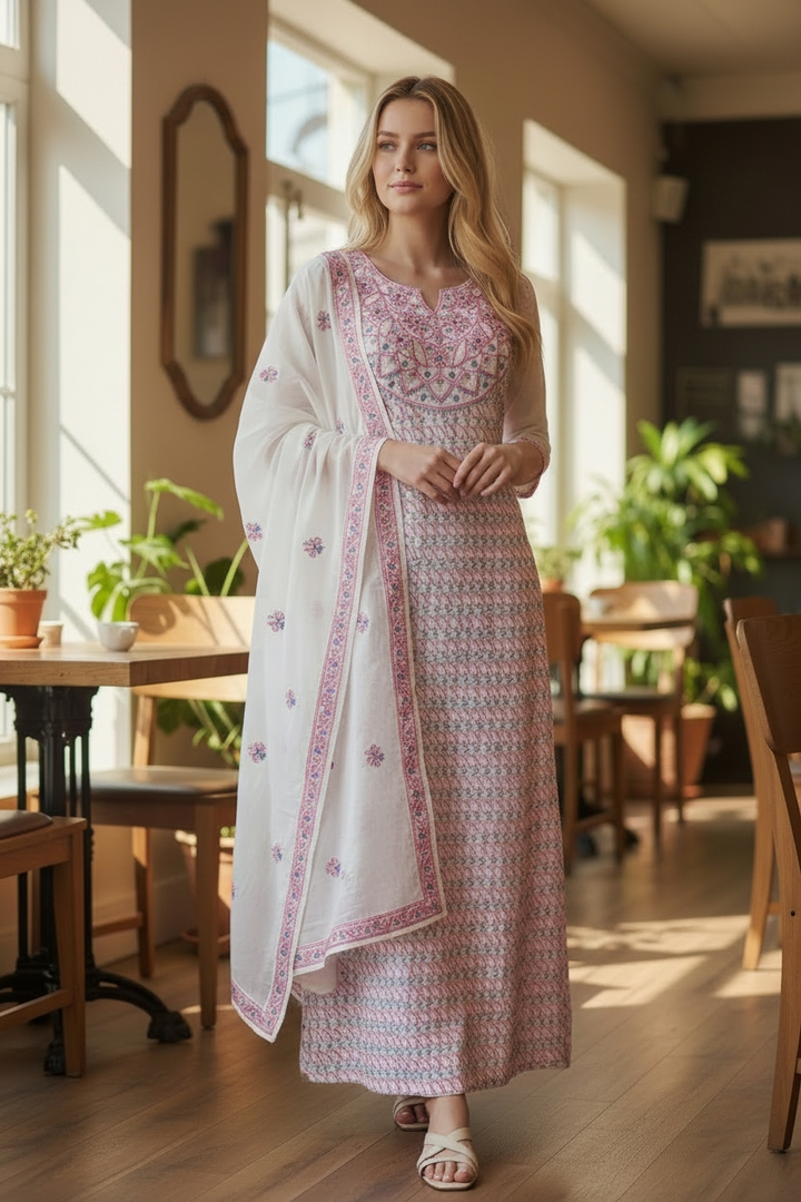 Unstitched Georgette Chikankari Dress Material | Hand Embroidered Kurta, Bottom & Dupatta