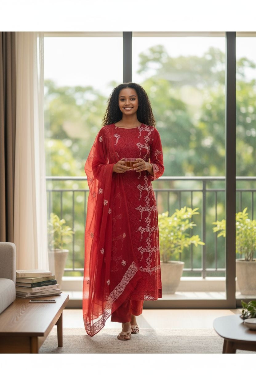 Unstitched Georgette Chikankari Dress Material | Hand Embroidered Kurta, Bottom & Dupatta