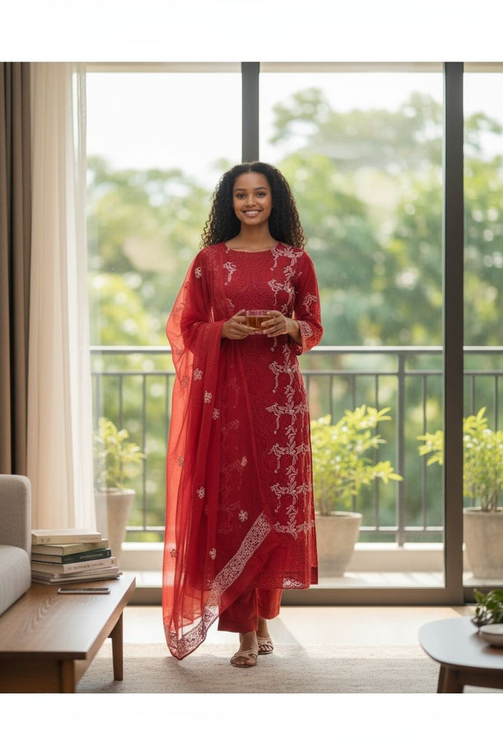 Unstitched Georgette Chikankari Dress Material | Hand Embroidered Kurta, Bottom & Dupatta